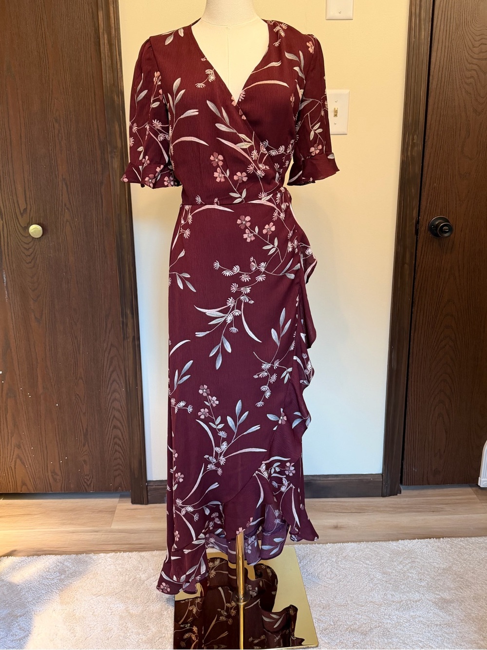 Lulu's Burgundy Floral Wrap High Low Maxi Dress